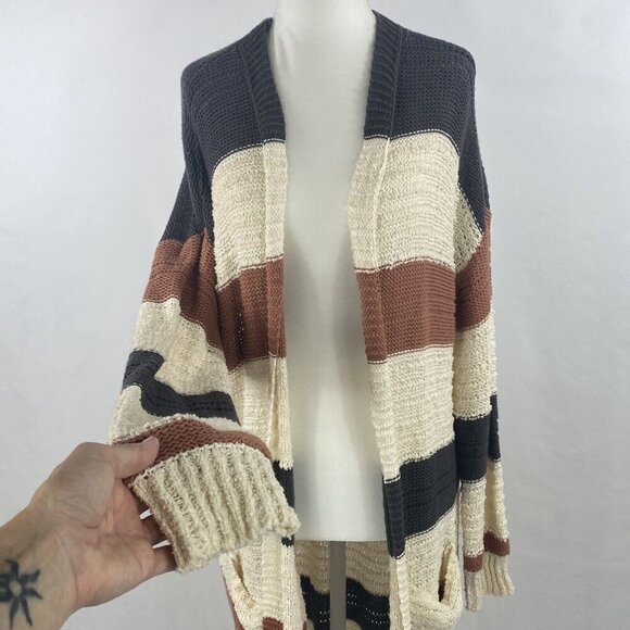 Knox Rose Cardigan Duster Sweater Size M Open Front Striped Gray Cream Pink - Picture 3 of 11